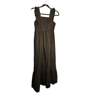 Olive Green Ruffle Strap Square Neck Tiered Cotton Maxi Dress Sleeveless